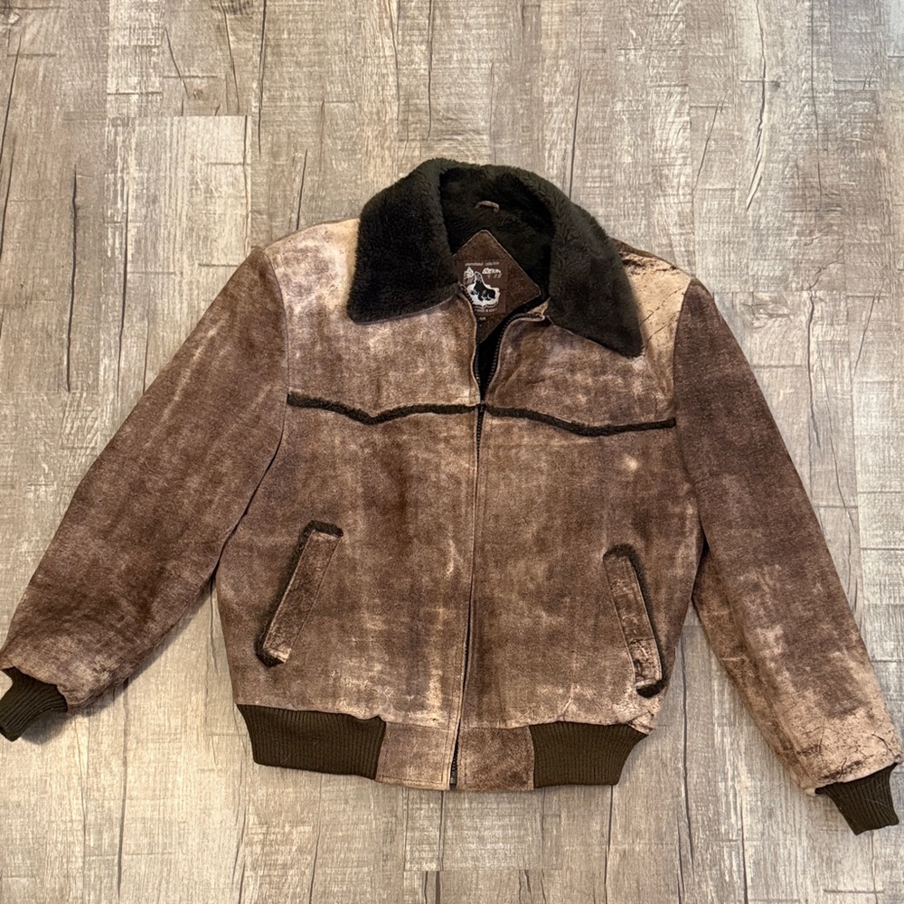 Men's Brown Suede Bomber Jacket with Dark Shearling Collar 100% Leather size 44